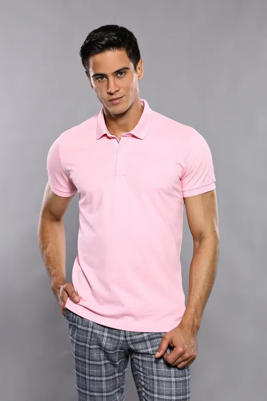 Polo Yaka Düz Pembe T-shirt - Wessi