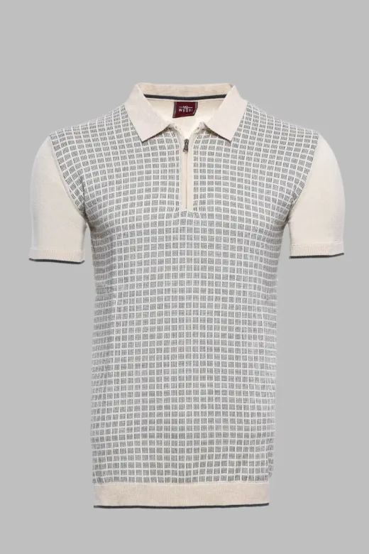 Polo Yaka Krem Desenli Fermuarlı Örme T-shirt | Wessi