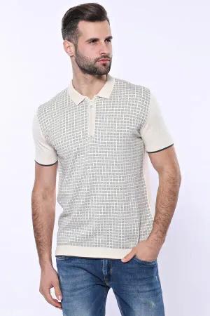 Polo Yaka Krem Desenli Fermuarlı Örme T-shirt | Wessi