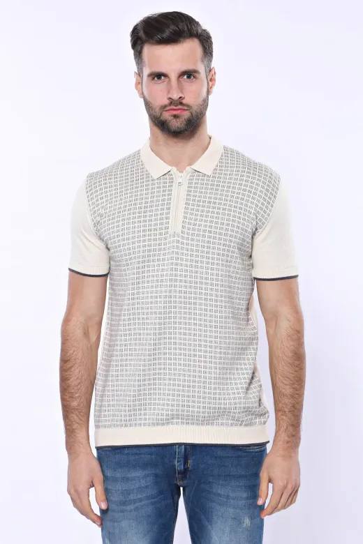 Polo Yaka Krem Desenli Fermuarlı Örme T-shirt | Wessi