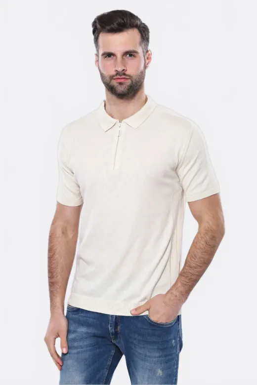 Polo Yaka Krem Düz Örme T-shirt | Wessi