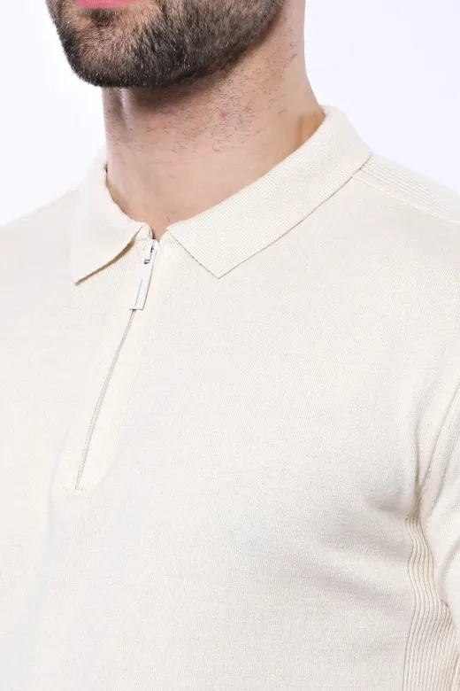 Polo Yaka Krem Düz Örme T-shirt | Wessi