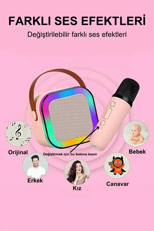 Portatif Taşınabilir Işıklı Mikrofonlu Çocuk Karaoke Hoparlör Seti