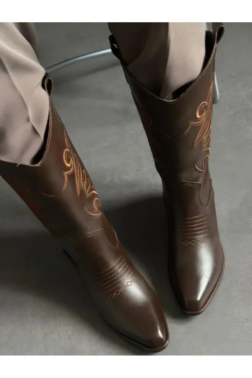 POTEEN PTNBOTİE2 Karlas Western Kadın Kovboy Nakışlı Bot C315-Kahve