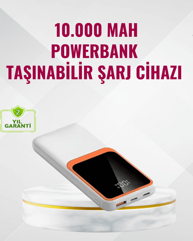 Powerbank 10000 mAh – Çift USB Çıkışlı, Type-C Girişli, Şık Beyaz Tasarım