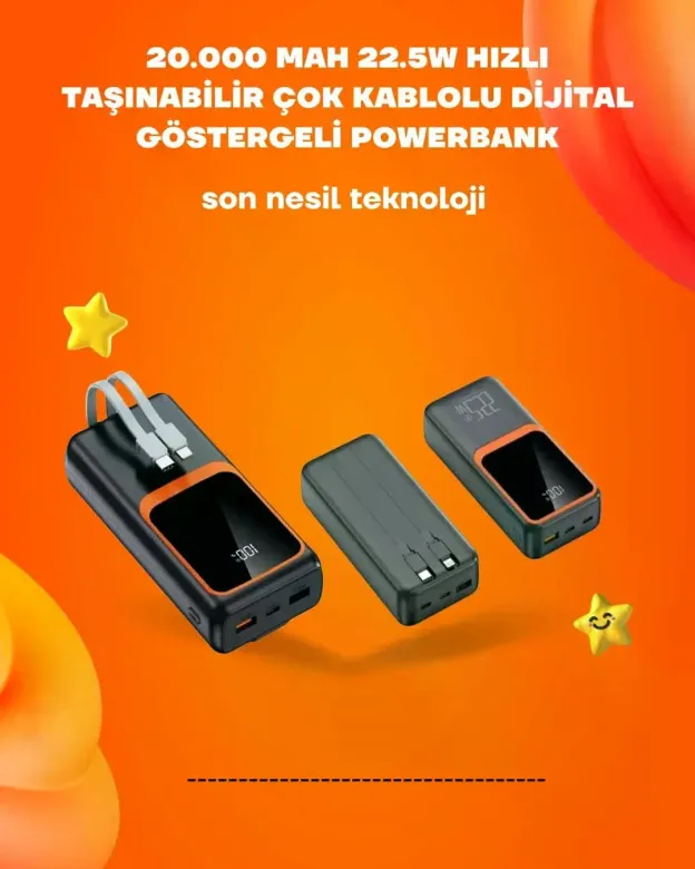 Powerbank 20000 mAh | 22.5W Hızlı Şarj, Dahili Kablolu, LCD Ekranlı Şarj Cihazı