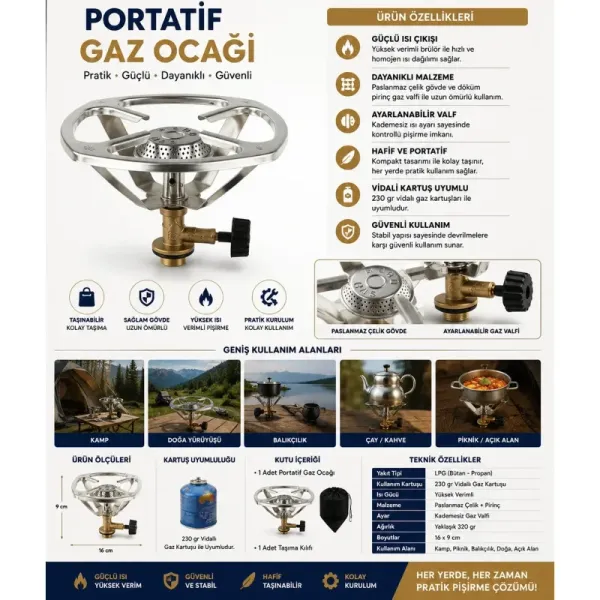 Pratik Portatif Kamp Ocağı Seti 230 Gr Gaz Kartuşu İle