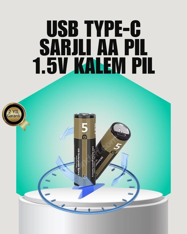 PRATİKOBA 96058087 1.5V Aa Şarjlı Lityum Pil 1000+ Kez Şarj Edilebilir Hızlı Type-C Şarj 2 Adet