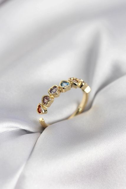 PRATİKOBA MEYEB698dac59c4dc68f18a04f702-BLMY Mey İthalat Gold Renk Kalp Model Renkli Zirkon Taşlı Kadın Yüzük Çok Renkli