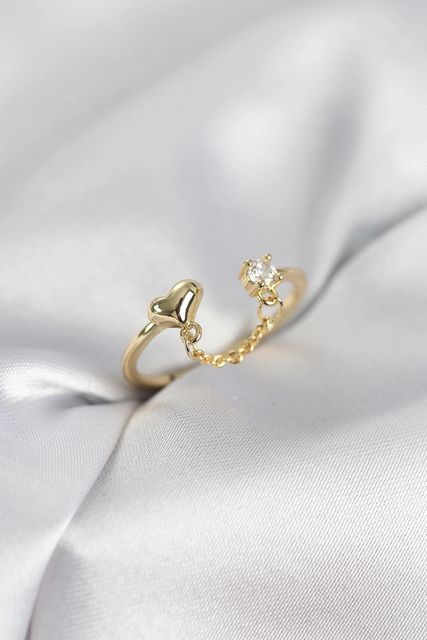 PRATİKOBA MEYEB698db320c4dc68f18a04f70c-BLMY Mey İthalat Zincir Sallantılı Kalp Model Gold Renk Kadın Yüzük Çok Renkli