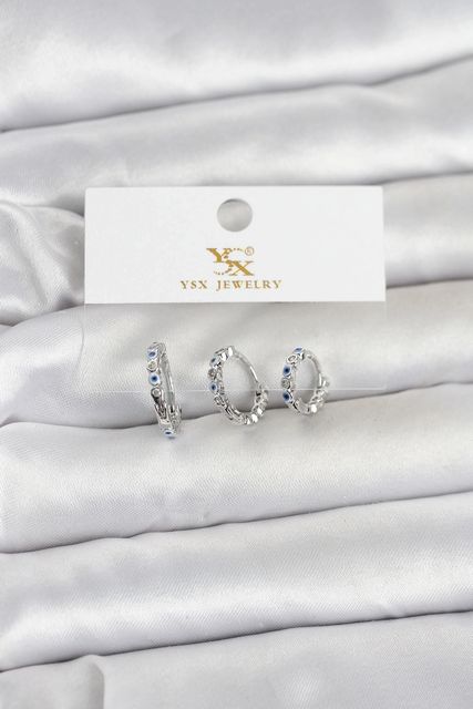 PRATİKOBA MEYEB69ccfe3c80c67b6966079917-BLMY Mey İthalat Pirinç Gümüş Renk Nazarlı Model 3'lü Kadın Küpe Çok Renkli