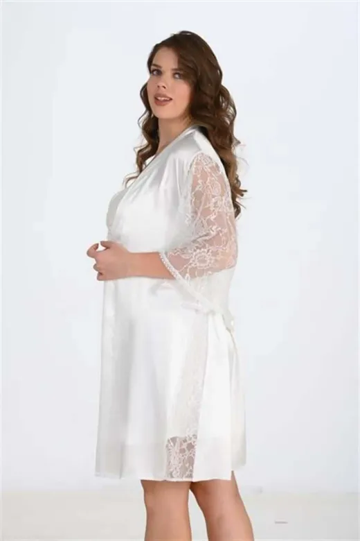 Premium Büyük Beden Saten Dantel İşlemeli Ekru 2’li Gecelik Sabahlık Takımı Bigsize