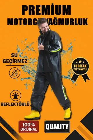 Premium Motorcu Kurye Yağmurluk Takım Su Geçirmez PVC Kumaş Reflektörlü TÜBİTAK Onaylı - Siyah - M - Siyah