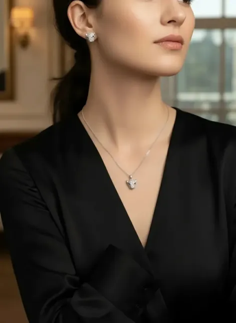 Premium Panter Başlı Taşlı Gümüş Rengi Kolye Seti