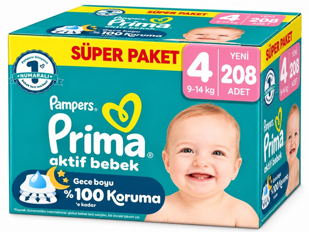 Prima Aktif Bebek Bebek Bezi 4 Beden 9-14 KG Maxi 208 Adet Süper Aylık Pk