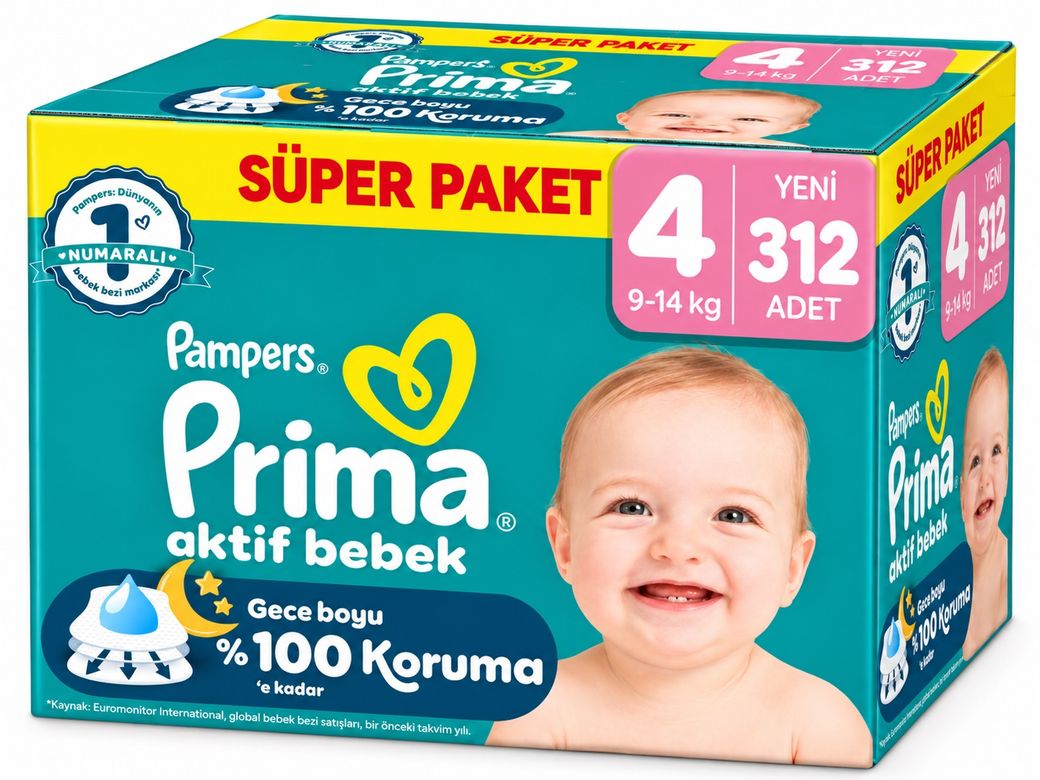 Prima Aktif Bebek Bebek Bezi 4 Beden 9-14 KG Maxi 312 Adet Süper Avantaj Pk