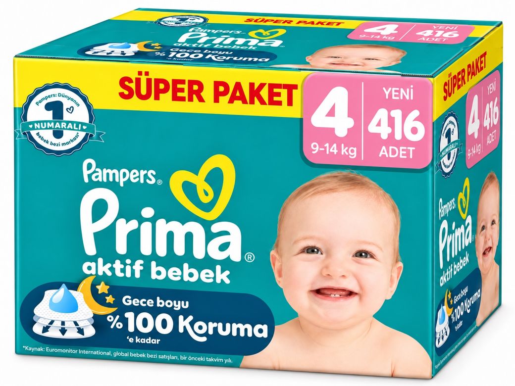 Prima Aktif Bebek Bebek Bezi 4 Beden 9-14 KG Maxi 416 Adet Süper Ultra Pk