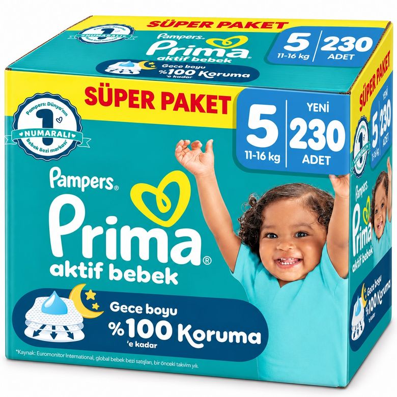 Prima Aktif Bebek Bebek Bezi 5 Beden 11-16 KG Junior 230 Adet Süper Mega Pk