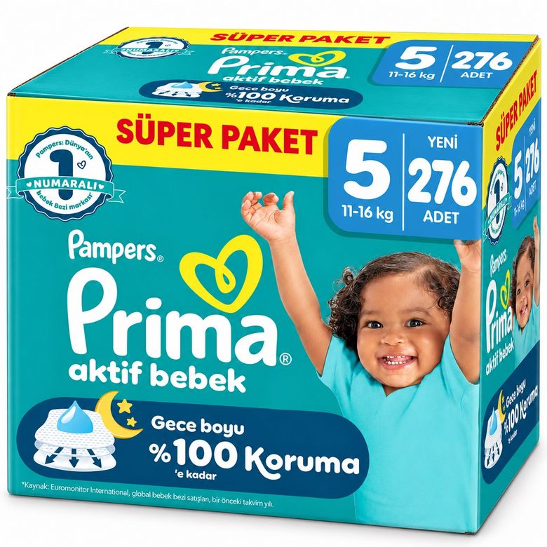 Prima Aktif Bebek Bebek Bezi 5 Beden 11-16 KG Junior 276 Adet Süper Avantaj Pk