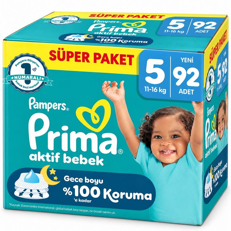 Prima Aktif Bebek Bebek Bezi 5 Beden 11-16 KG Junior 92 Adet Süper Ekonomik Pk