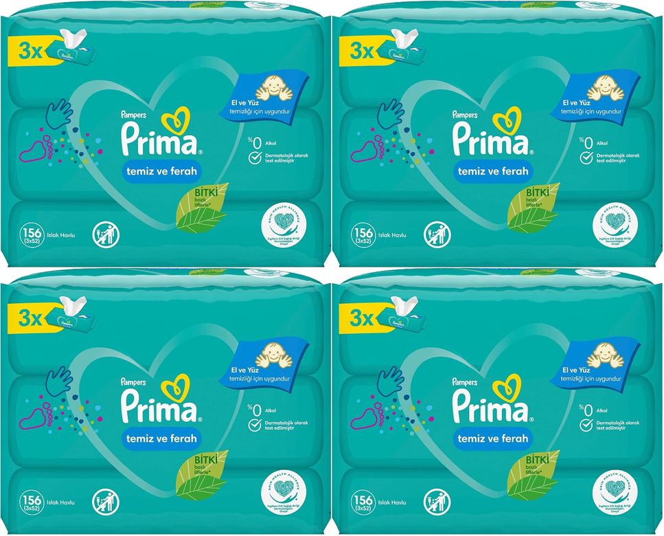 Prima Islak Havlu Mendil Temiz ve Ferah (Bitki Bazlı) 12 Li Set (4PK*3) 624 Yaprak