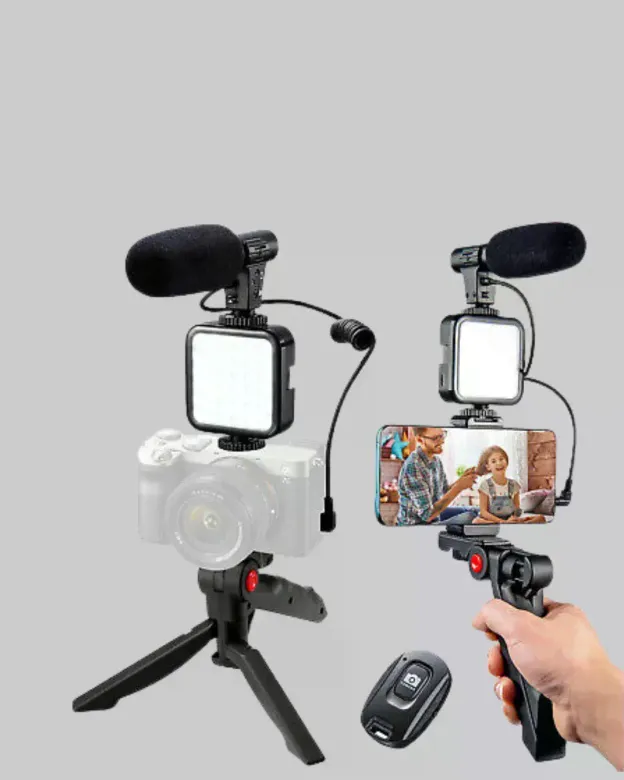 Profesyonel Vlog Çekim Kiti LED Işıklı Tripod krofonlu Telefon Seti