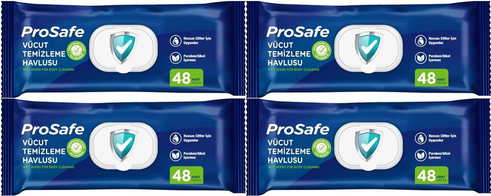 Prosafe Yetişkin Vücut Temizleme Islak Mendil Havlu 48 Yaprak XL (4 Lü Set) Plastik Kapak