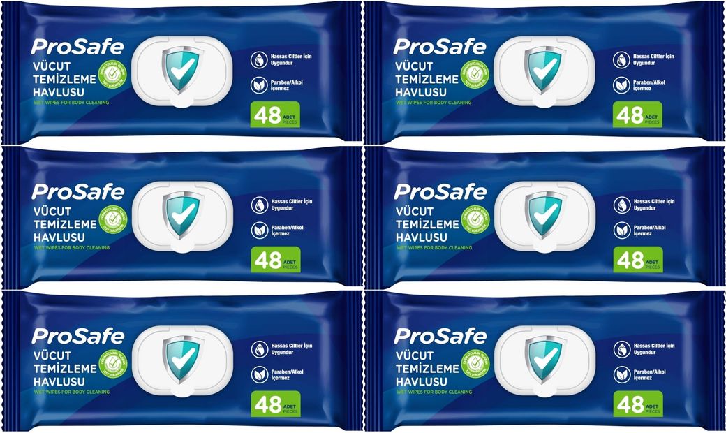 Prosafe Yetişkin Vücut Temizleme Islak Mendil Havlu 48 Yaprak XL (6 Lı Set) Plastik Kapak