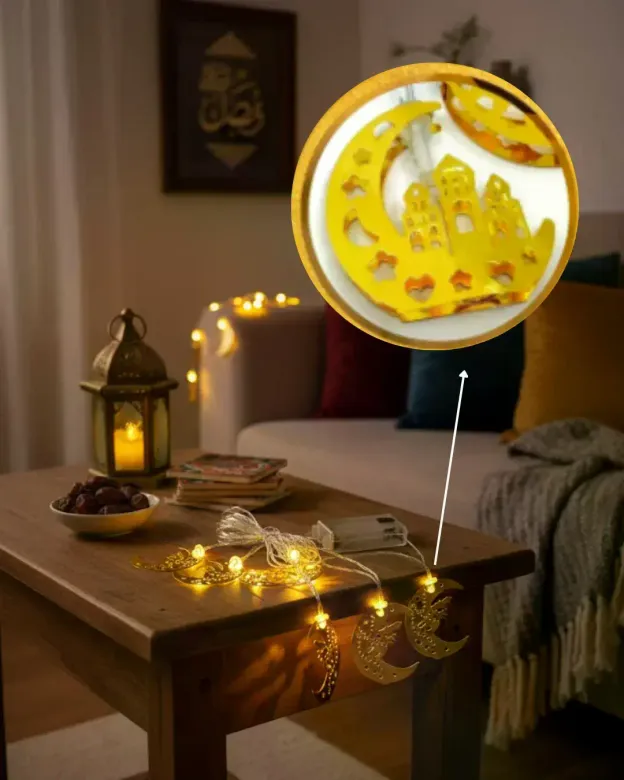 Ramazan nare Detaylı Hilal LED Işık Günışığı Sarı Metal Süs