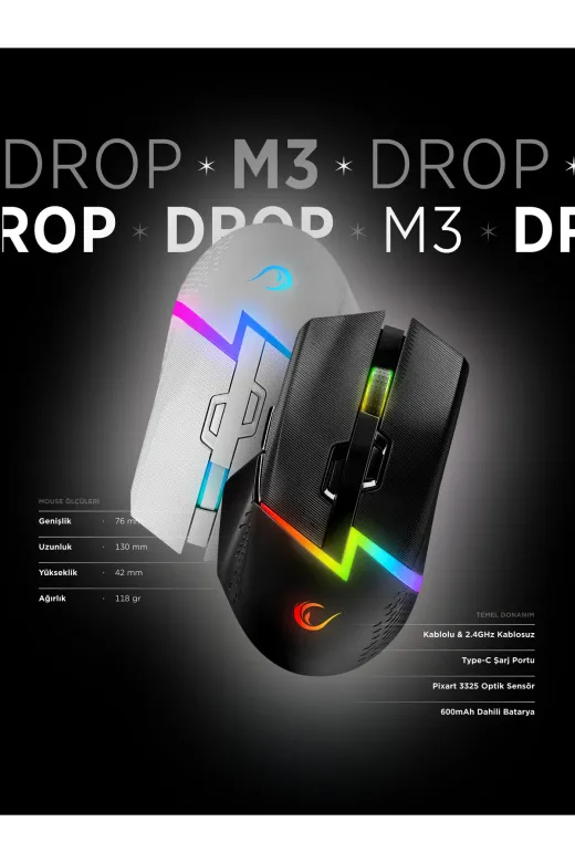 Rampage Drop M3 V2 24000 Dpi 3311 Sensör Siyah-S Rgb Kablosuz 80 Milyon Huano Switch Gaming Oyuncu Mouse
