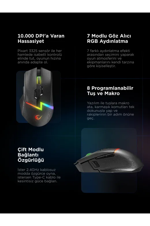 Rampage Drop M3 V2 24000 Dpi 3311 Sensör Siyah-S Rgb Kablosuz 80 Milyon Huano Switch Gaming Oyuncu Mouse