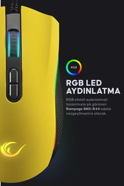 Rampage Smx-R44 Makrolu Sarı 6400 Dpı Rgb Usb Drag Click Örgü Kablo Pro Gaming Oyuncu Mouse