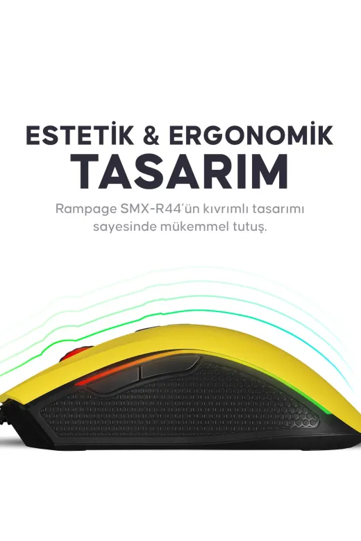 Rampage Smx-R44 Makrolu Sarı 6400 Dpı Rgb Usb Drag Click Örgü Kablo Pro Gaming Oyuncu Mouse