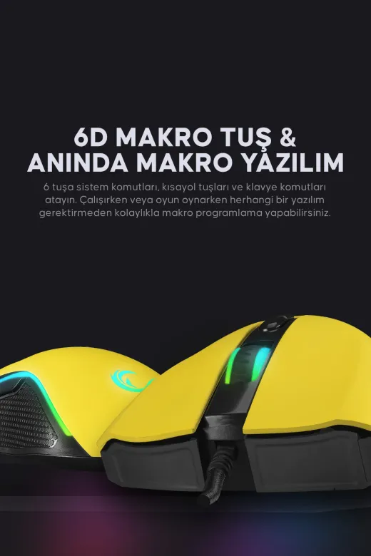 Rampage Smx-R44 Makrolu Sarı 6400 Dpı Rgb Usb Drag Click Örgü Kablo Pro Gaming Oyuncu Mouse