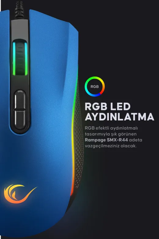 Rampage Smx-R44 V2 Makrolu Mavi 12800 Dpı Rgb Usb Drag Click Örgü Kablo Pro Gaming Oyuncu Mouse