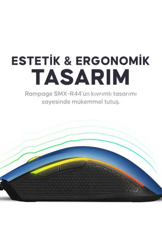 Rampage Smx-R44 V2 Makrolu Mavi 12800 Dpı Rgb Usb Drag Click Örgü Kablo Pro Gaming Oyuncu Mouse