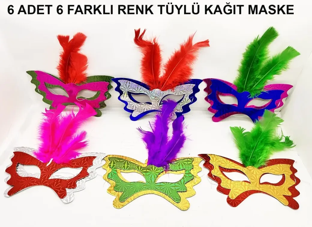Renkli Parti Maskesi 639lı | Tüylü Karton Maske Seti (lastikli)