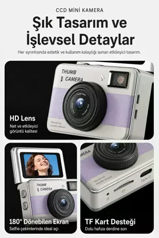 Retro Mini Dijital Kamera 1080P 1.47 İnç Flip Ekranlı Flaşlı Selfie Vlog Kamerası 4GB SD Hediyeli Mavi