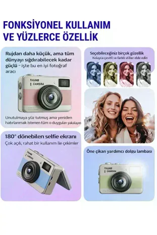 Retro Mini Dijital Kamera 1080P 1.47 İnç Flip Ekranlı Flaşlı Selfie Vlog Kamerası 4GB SD Hediyeli Siyah
