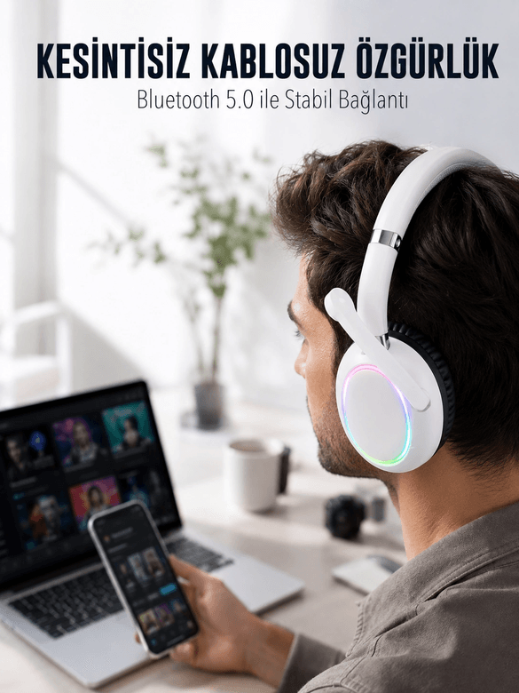 Rgb Işıklı Mikrofonlu Bluetooth Kulaklık Beyaz Over-ear Tasarım Type-c Şarjlı