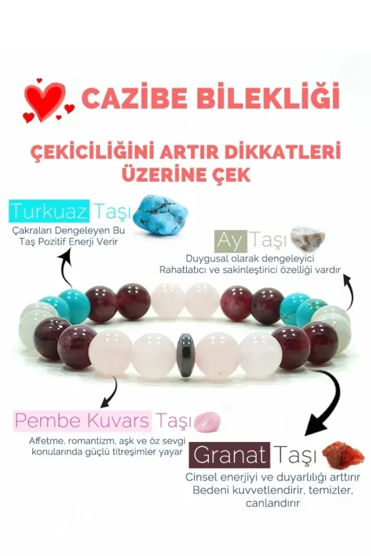 Rio Takı RIO-SFBLK0002 Cazibe Bilekliği Pembe Kuvars Granat(Lal) Aytaşı Turkuaz Doğal Taş Bileklik Rio