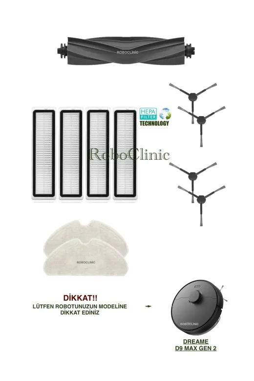 Roboclinic d9 max gen2 Dreame D9 Max Gen 2 Robot Süpürge Uyumlu Fırça, Hepa Filtre, Mop Seti-11 Parça
