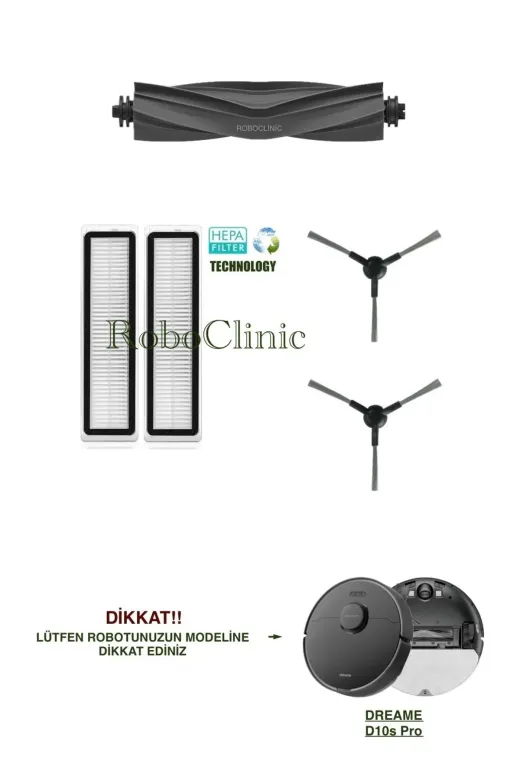 Roboclinic Dreame D10S Pro Uyumlu Yedek Ana Fırça,yan Fırça,hepa Filtre Seti-5 Adet