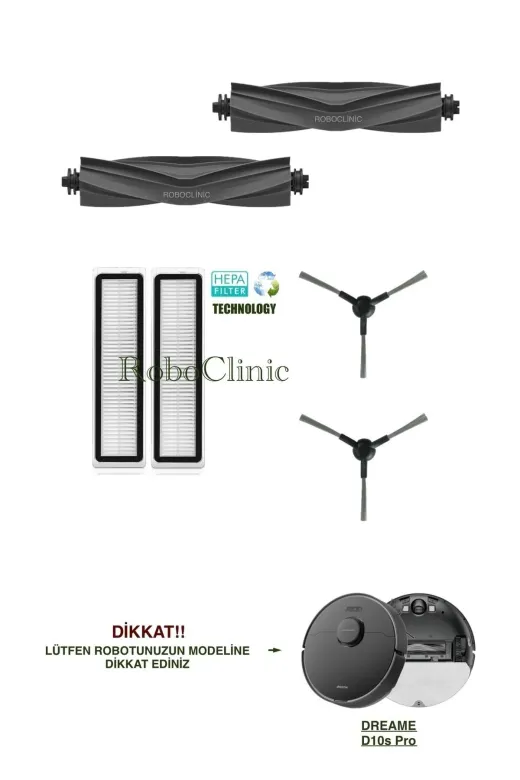 Roboclinic Dreame D10S Pro Uyumlu Yedek Fırça, Hepa Filtre Seti-6 Parça