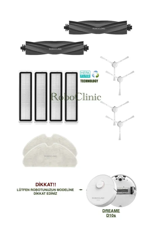 Roboclinic Dreame D10S Uyumlu Yedek Fırça, Hepa Filtre, Mop Seti-12 Parça