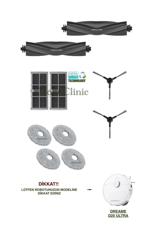 Roboclinic Dreame D20 Ultra Robot Süpürge Uyumlu Yedek Fırça, Hepa Filtre, Mop Seti-10 Parça