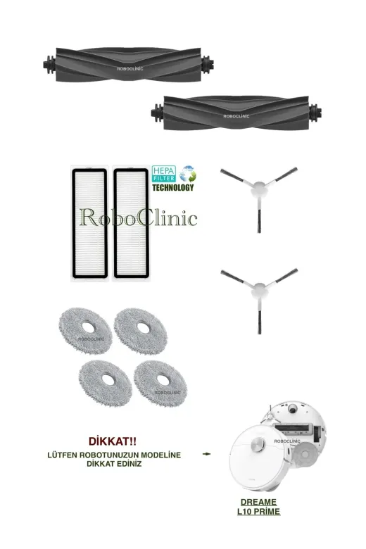 Roboclinic Dreame L10 Prime Robot Süpürge Uyumlu Yedek Fırça, Hepa Filtre, Mop Seti-10 Parça