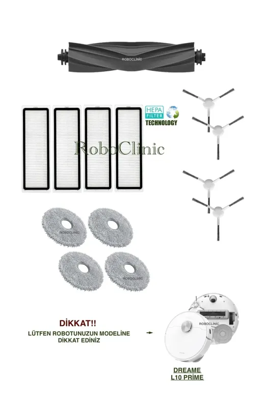 Roboclinic Dreame L10 Prime Robot Süpürge Uyumlu Yedek Fırça, Hepa Filtre, Mop Seti-13 Parça