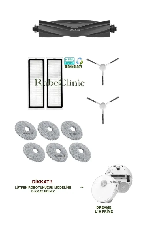 Roboclinic Dreame L10 Prime Robot Süpürge Uyumlu Yedek Fırça, Hepa Filtre, Mop Seti-11 Parça