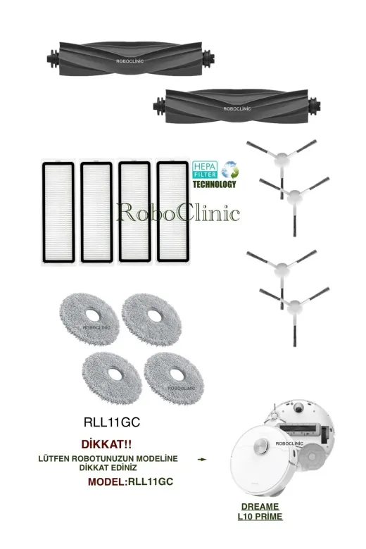 Roboclinic Dreame L10 Prime Robot Süpürge Uyumlu Yedek Fırça, Hepa Filtre, Mop Seti-14 Parça